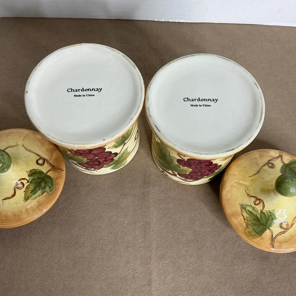 Charming Ceramic Canisters with Grapes and Leaves Set of 2 Vineyard Theme